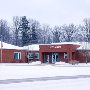 Closed school buildings in a snowy landscape.