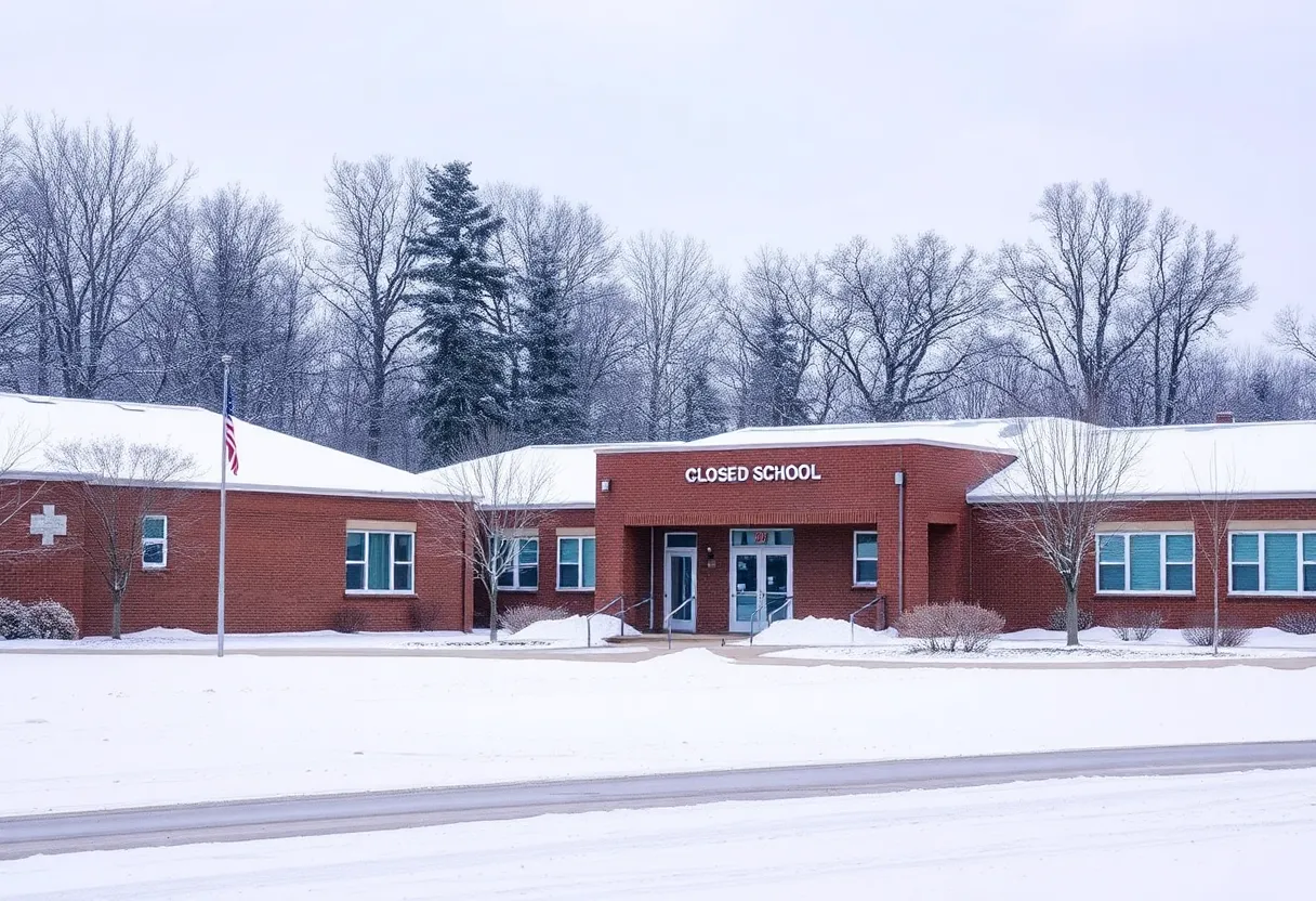 Closed school buildings in a snowy landscape.