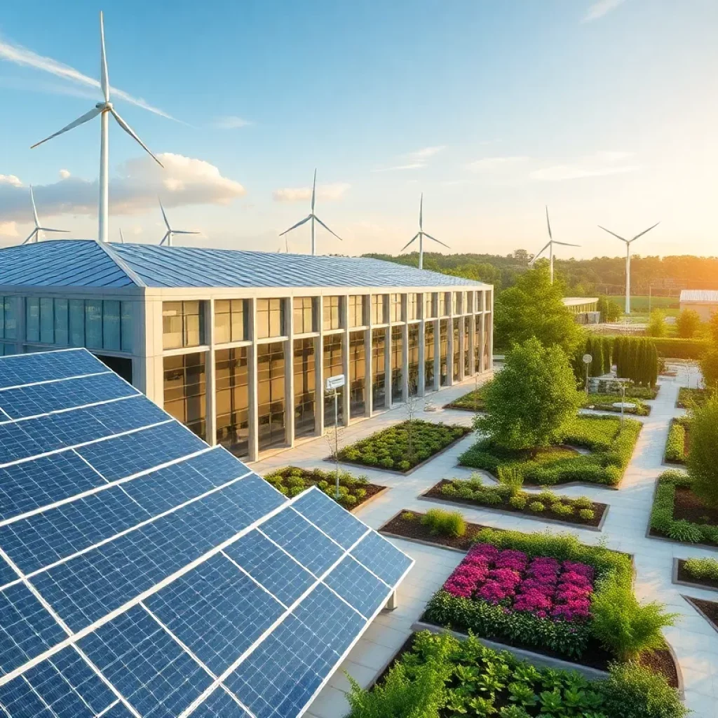 Modern green facility showcasing renewable energy technologies.