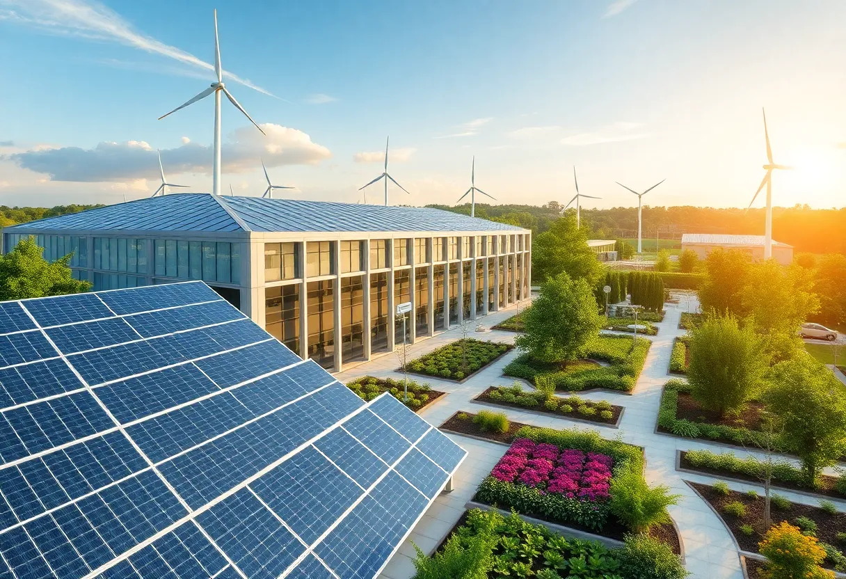 Modern green facility showcasing renewable energy technologies.