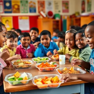 Children enjoying healthy lunches in a classroom