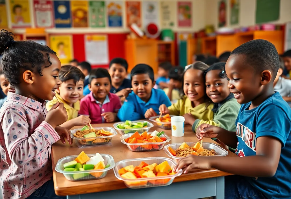 Children enjoying healthy lunches in a classroom