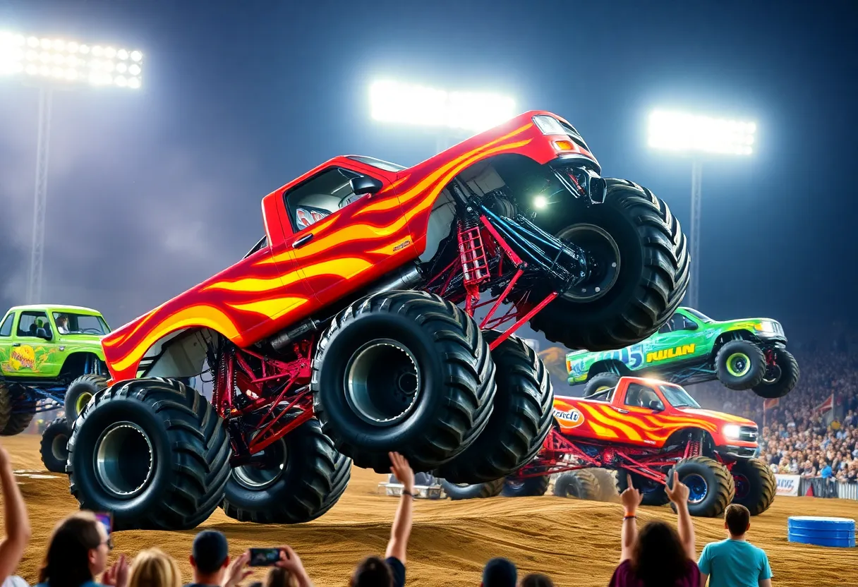 Monster trucks performing at the Hot Wheels Live show