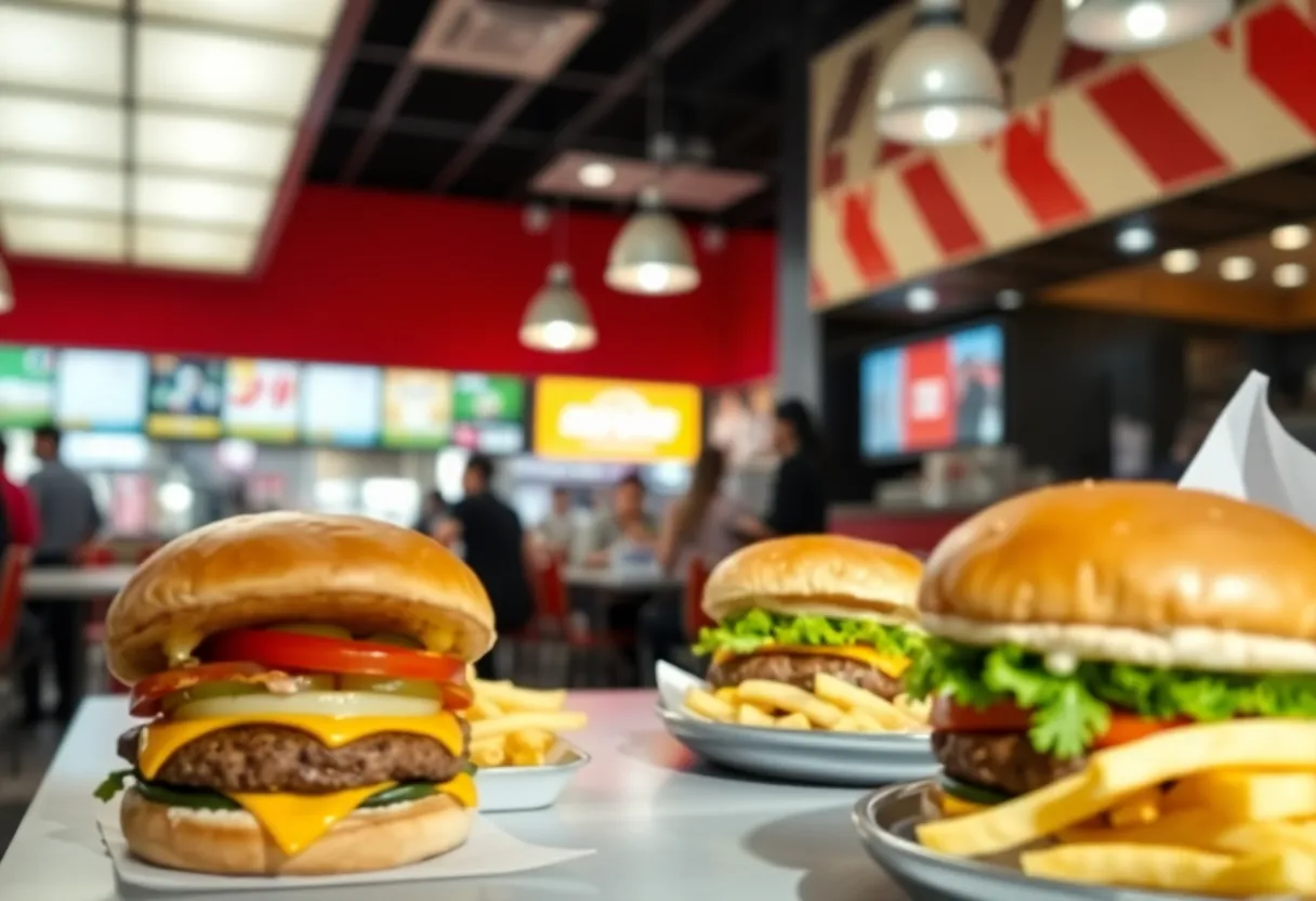Burgers and fries on a table at a fast-food restaurant