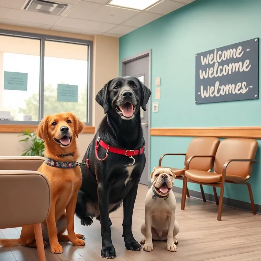 A clinic waiting area with a sign welcoming service animals