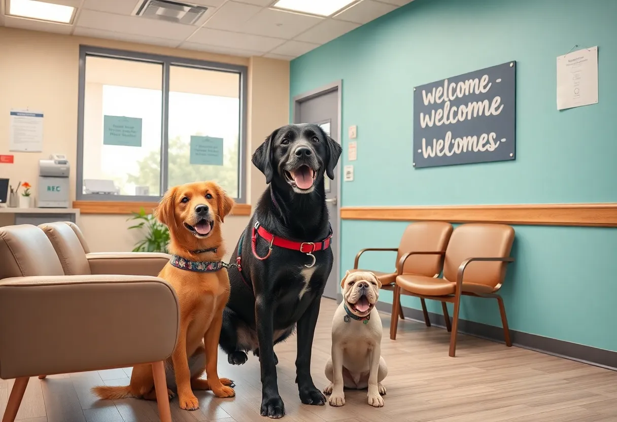 A clinic waiting area with a sign welcoming service animals