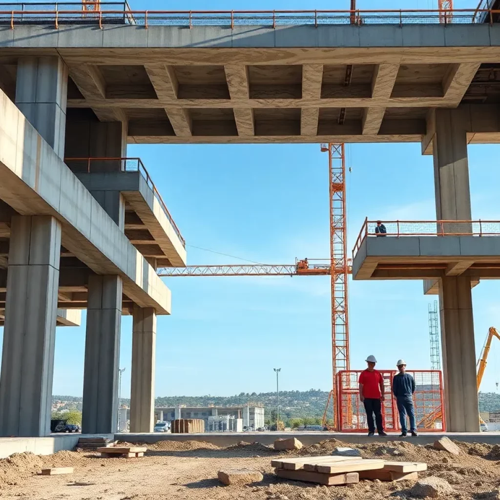 Workers collaborating on precast concrete structures