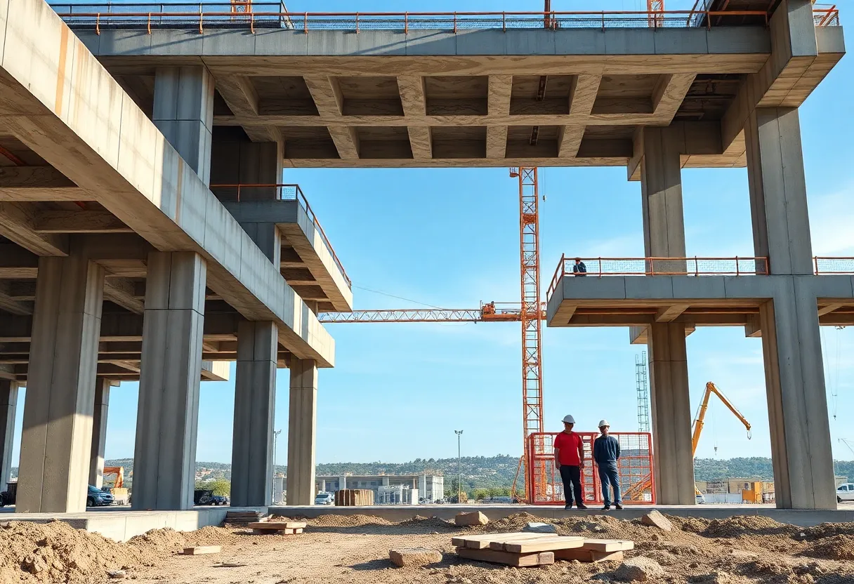 Workers collaborating on precast concrete structures