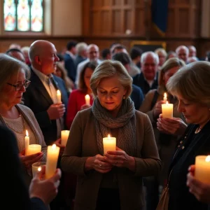 Community members gathering at a church memorial for Jim Washington