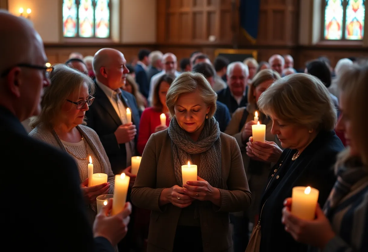Community members gathering at a church memorial for Jim Washington