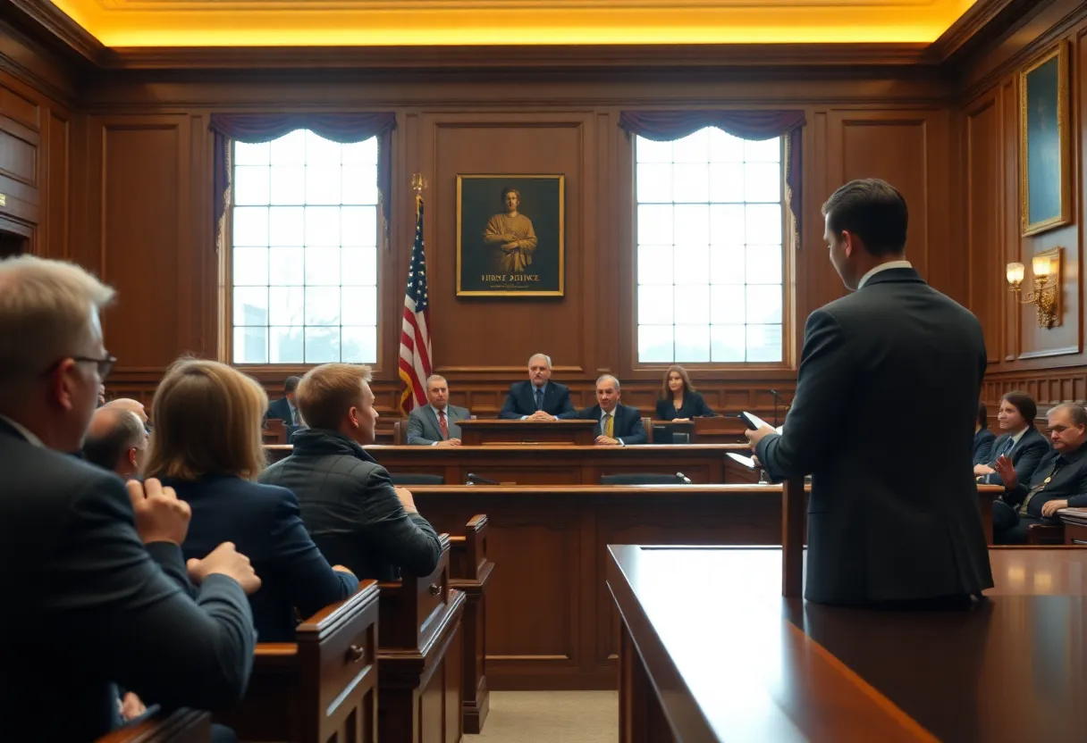 Courtroom jury delivering a verdict on hurricane relief fraud case