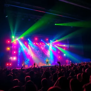 Concert scene of a music performance with vibrant lights and a cheering crowd.