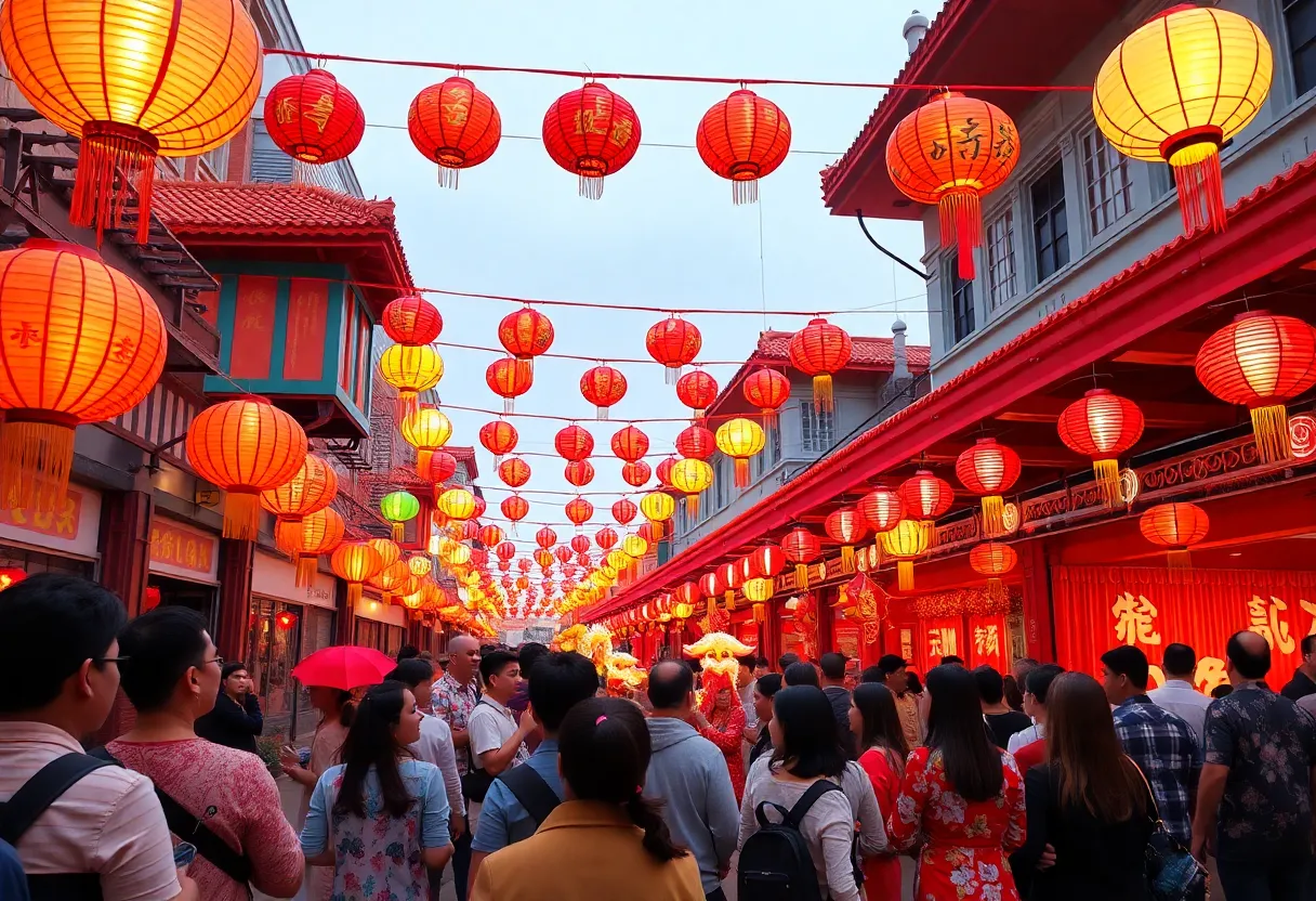 A lively Lunar New Year event in Atlanta with colorful decorations and festive atmosphere.