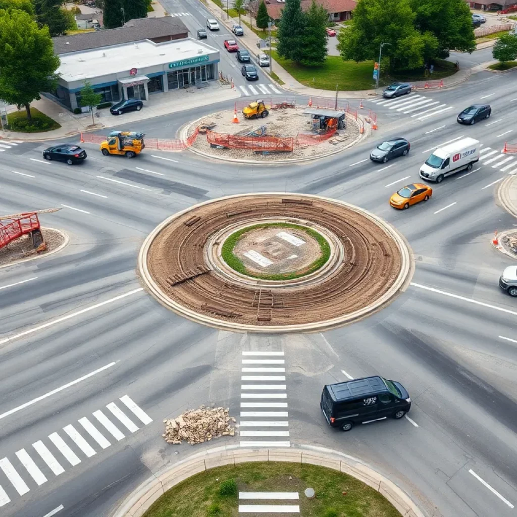 Newly opened roundabout at Broadway and Highway 247 with construction activity in the background.