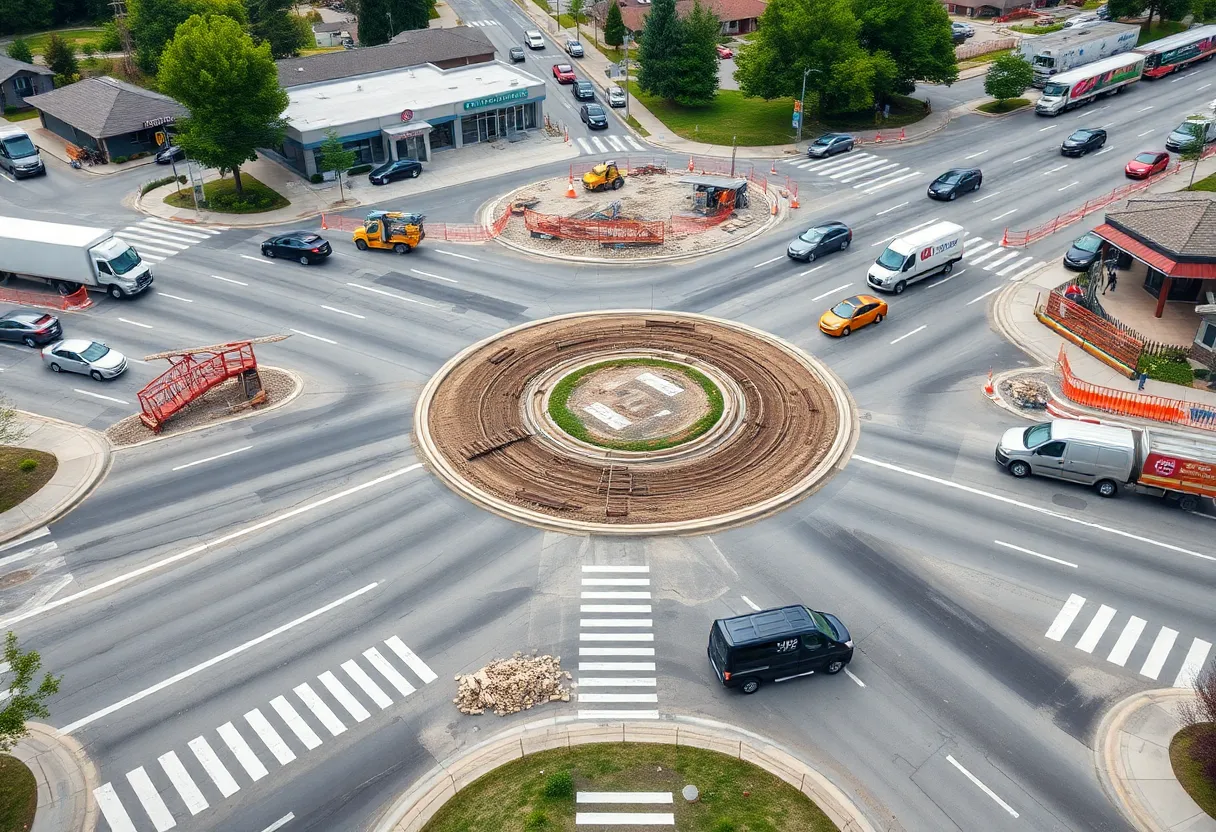 Newly opened roundabout at Broadway and Highway 247 with construction activity in the background.