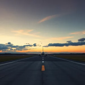 A peaceful airplane runway at dusk
