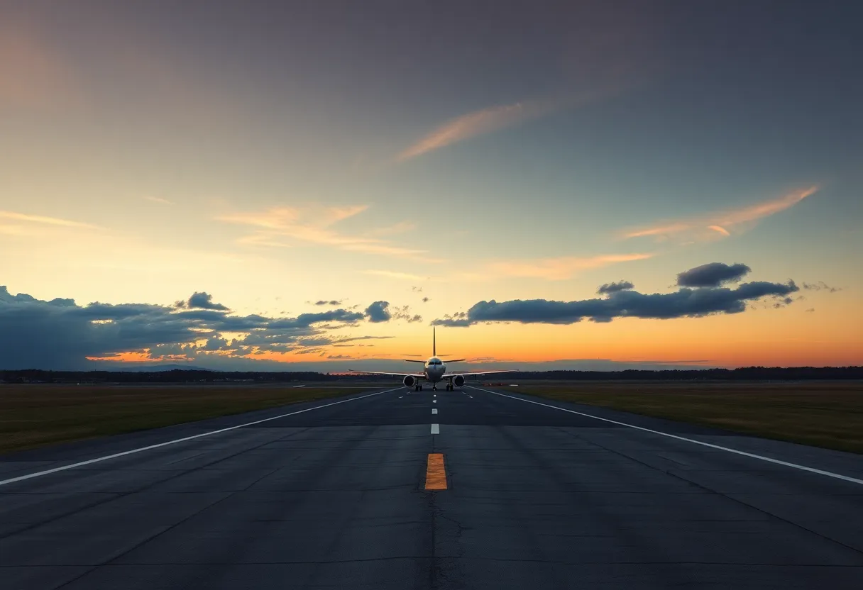 A peaceful airplane runway at dusk