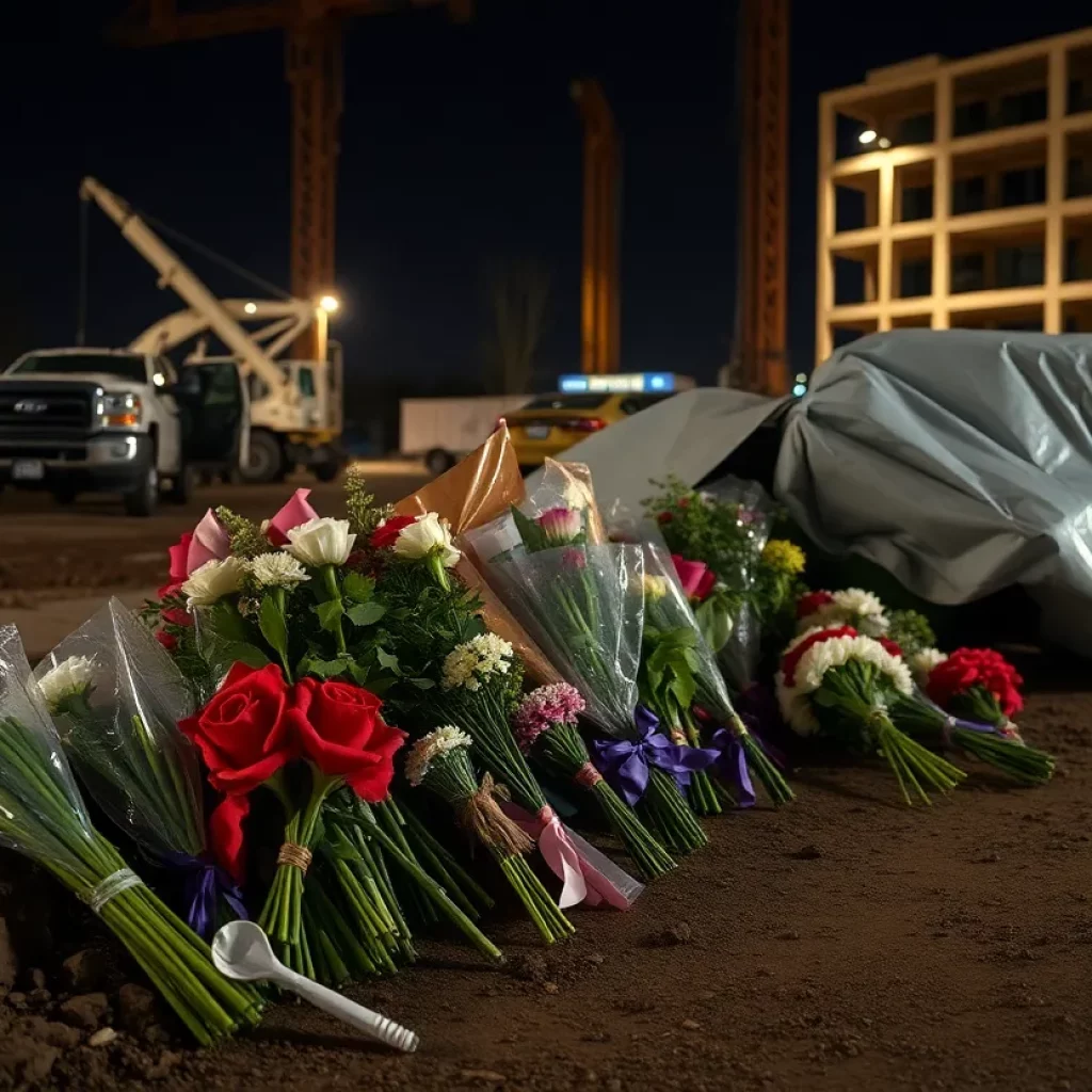 Flowers at a construction site memorial for a hit-and-run victim