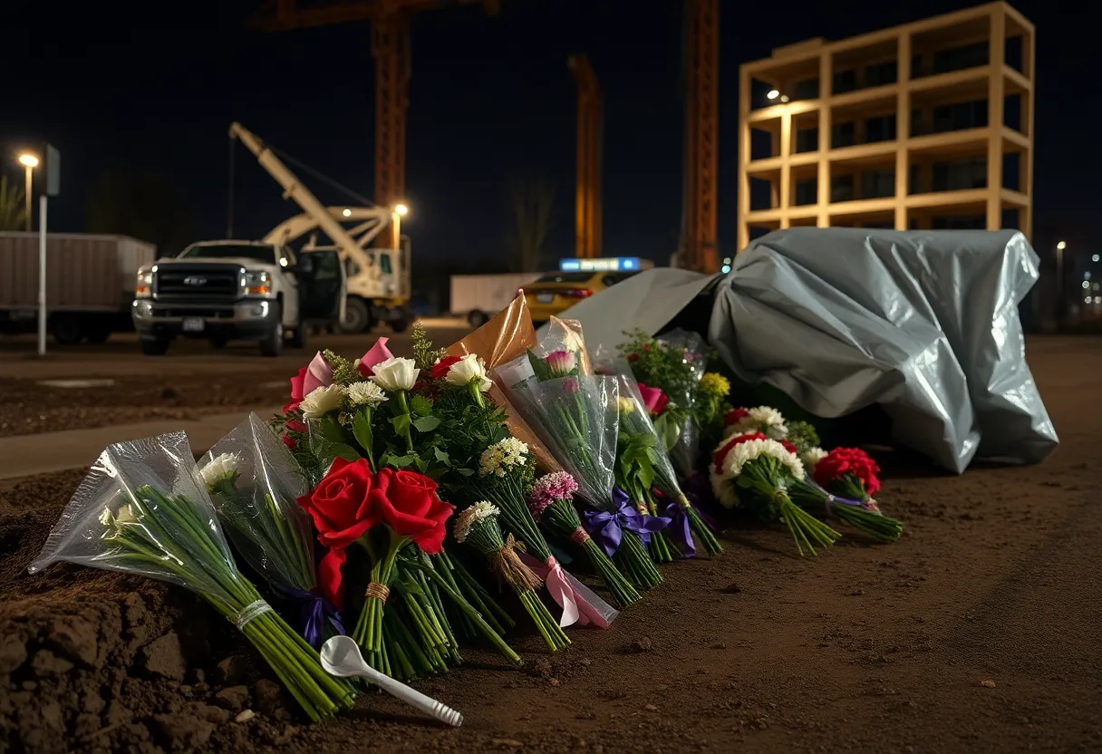 Flowers at a construction site memorial for a hit-and-run victim