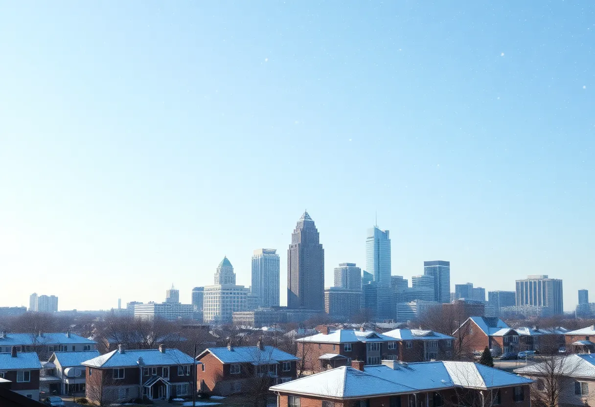 Snow falling on Metro Atlanta skyline during winter