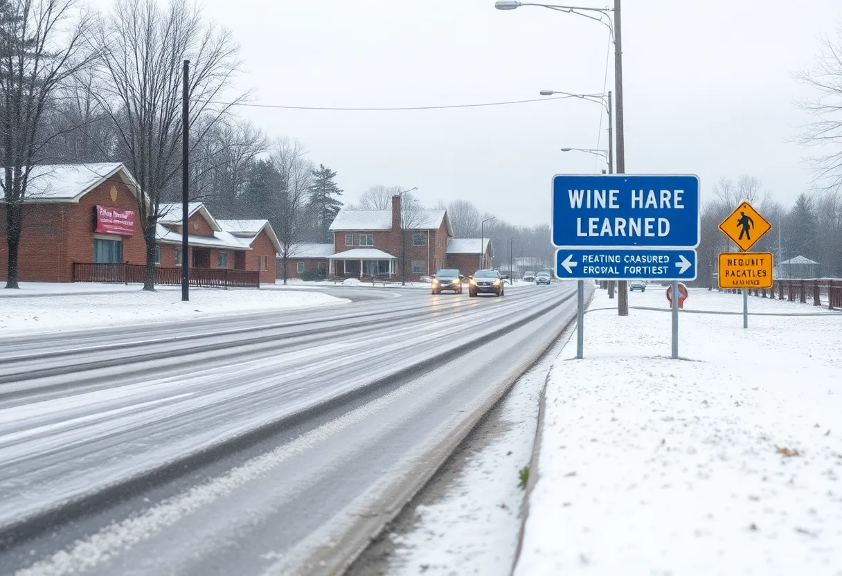 Icy roads and a school under snowfall in North Georgia