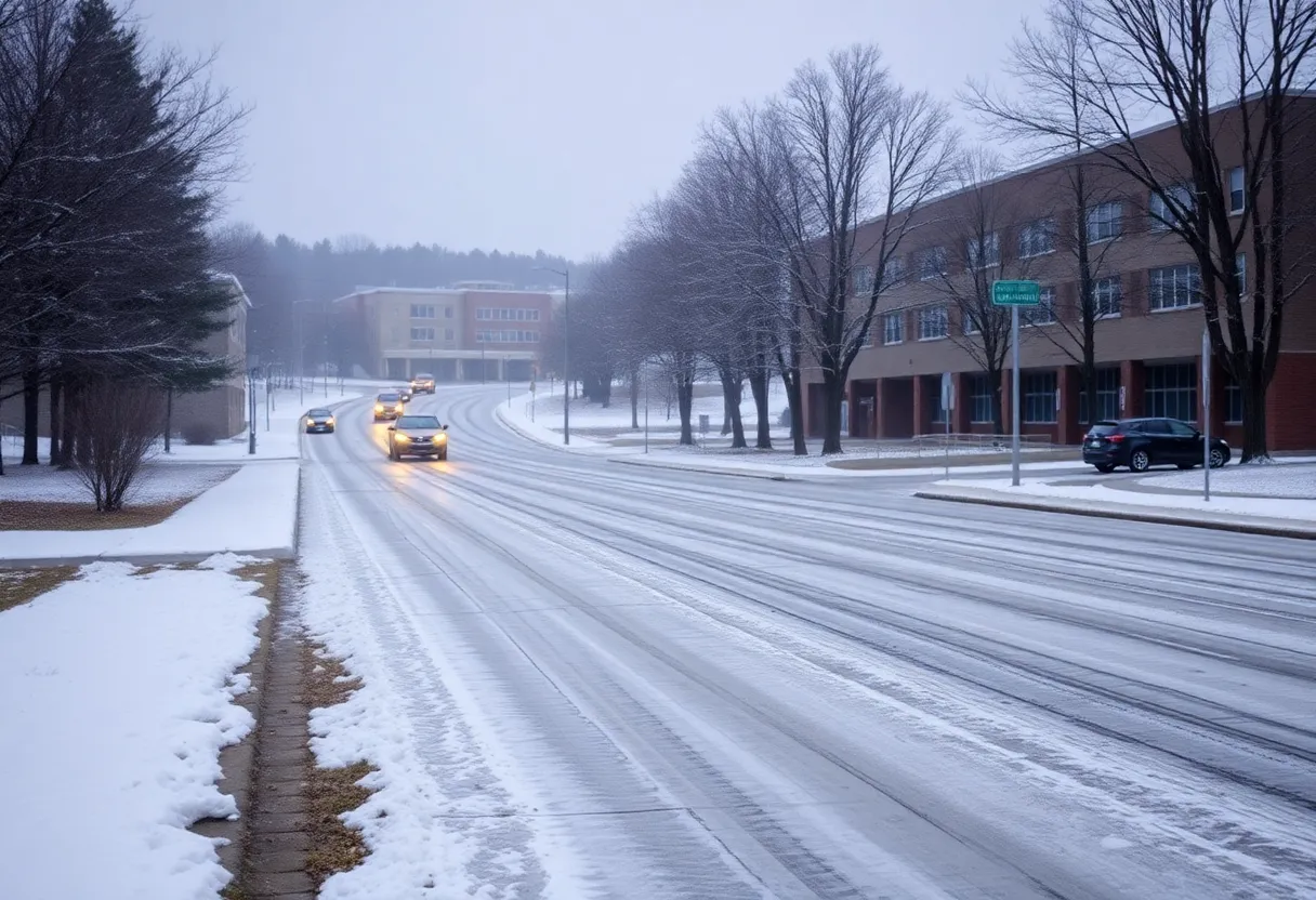 Icy road conditions near a school in North Georgia