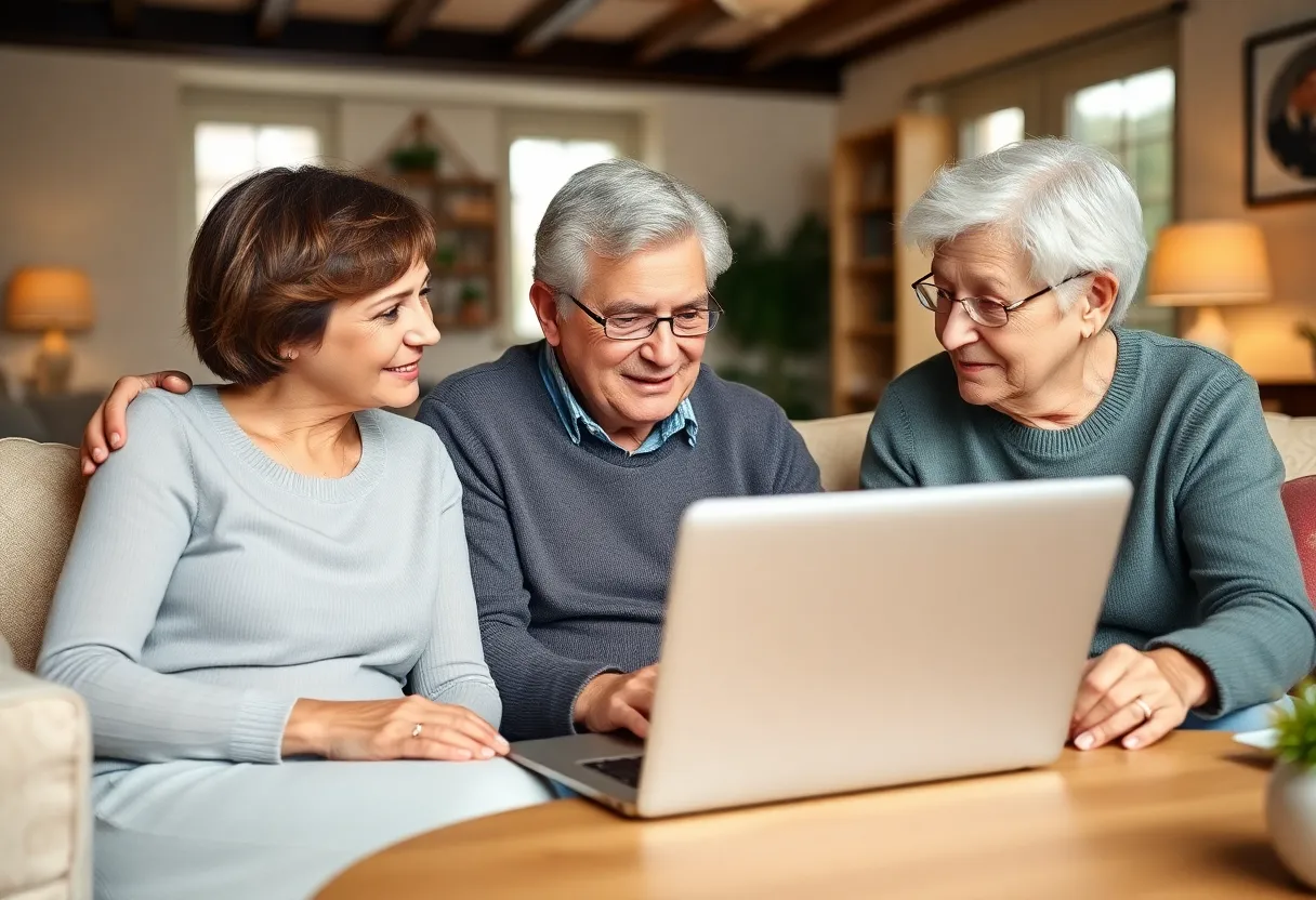 A family discussing elderly care options using Petunia tool