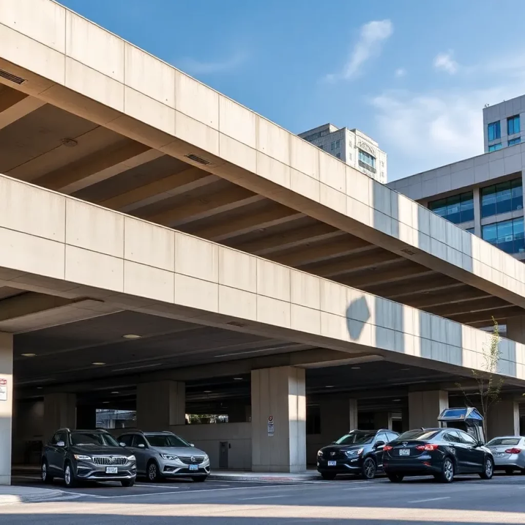 A contemporary precast concrete parking garage located in an urban setting.
