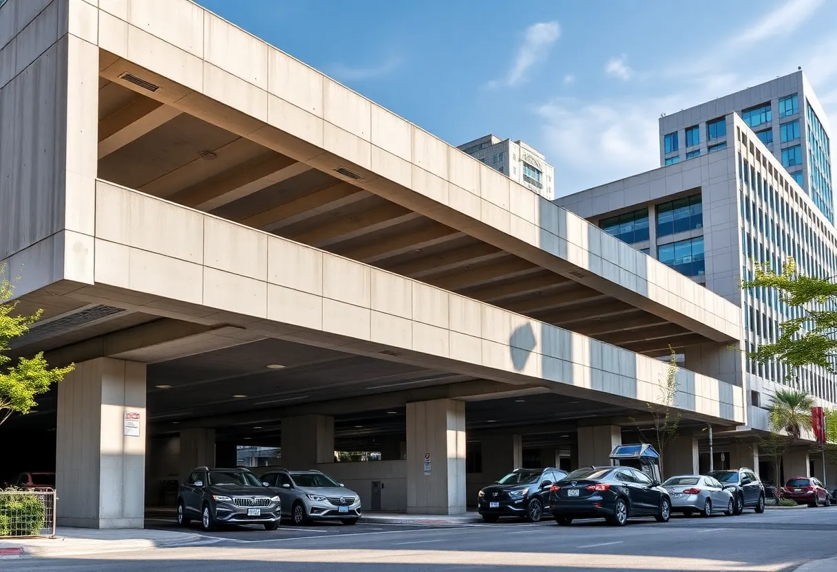A contemporary precast concrete parking garage located in an urban setting.