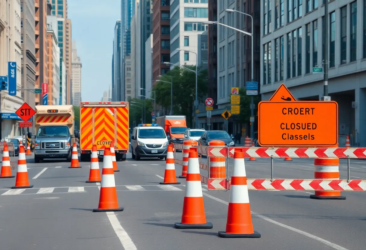 Road construction site in Central Savannah River Area with workers and vehicles.