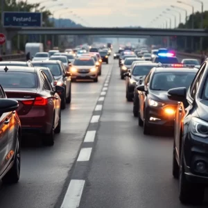 Scene depicting a chaotic road rage incident on a highway.