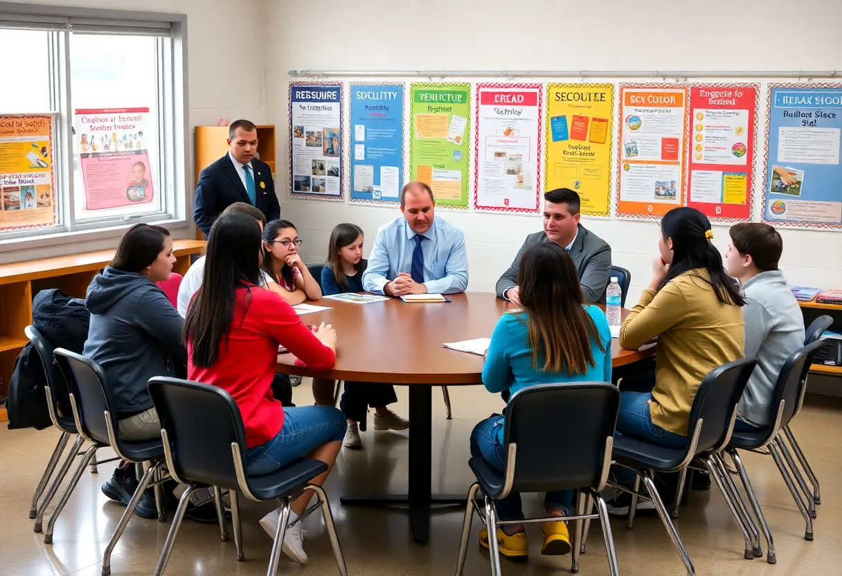 Students and officials discussing school safety measures