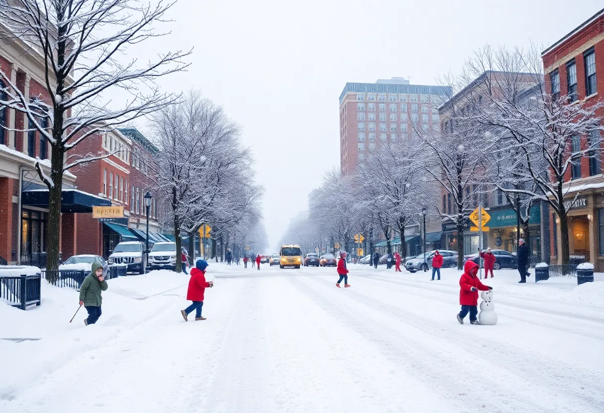 Children playing in the snow on a snowy day in Atlanta