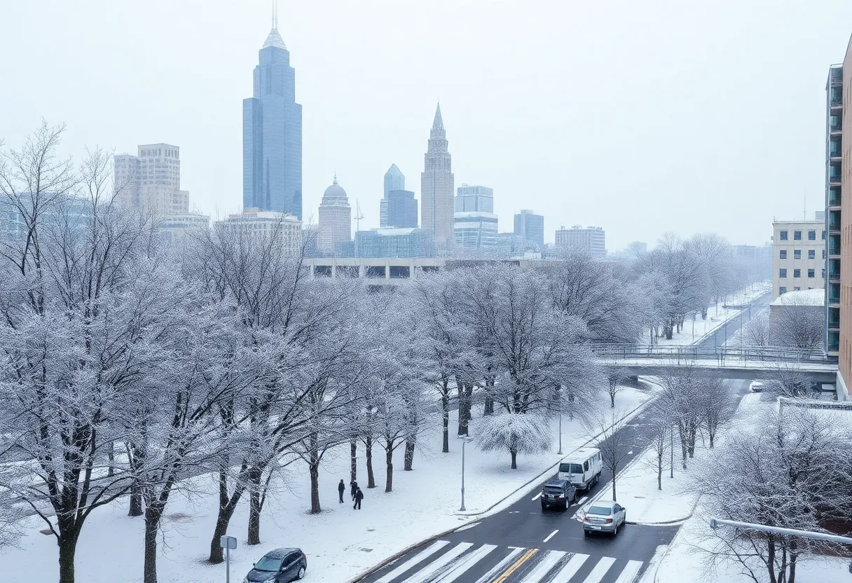 Snow covering buildings and trees in Metro Atlanta