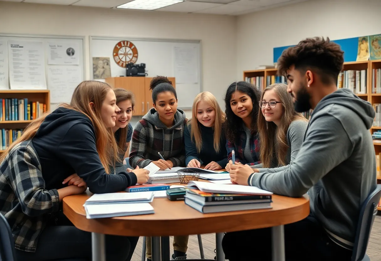 Group of diverse high school students engaging in journalism activities