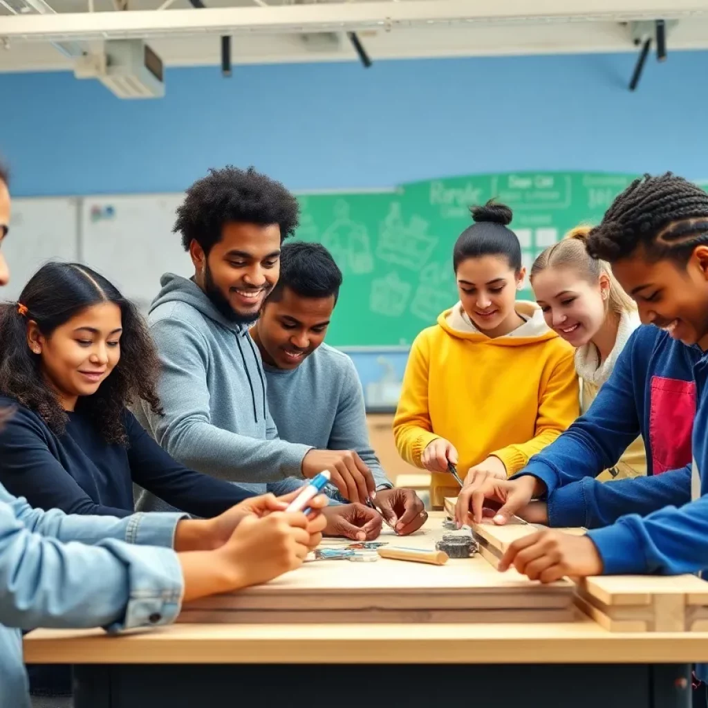 Students participating in a construction workshop