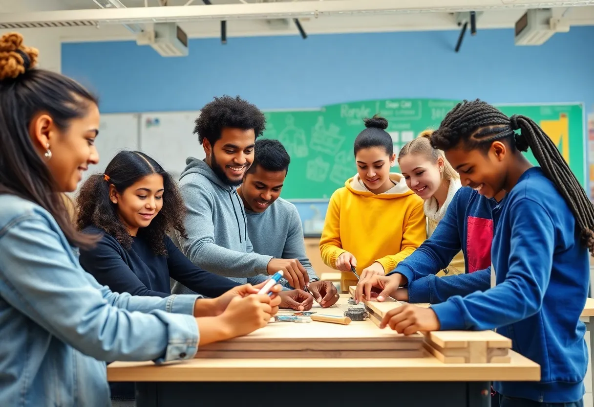 Students participating in a construction workshop