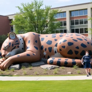 A large sculpture of a sleeping bobcat at Texas State University