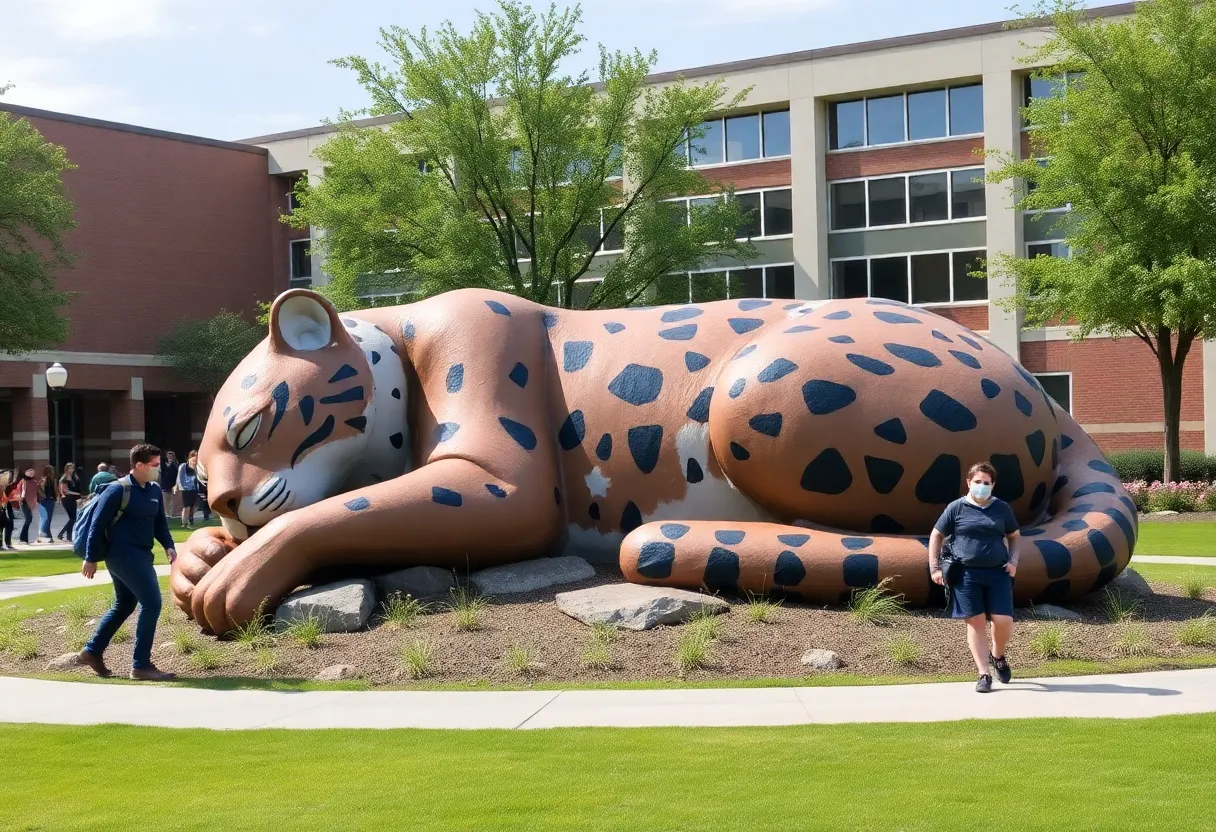 A large sculpture of a sleeping bobcat at Texas State University