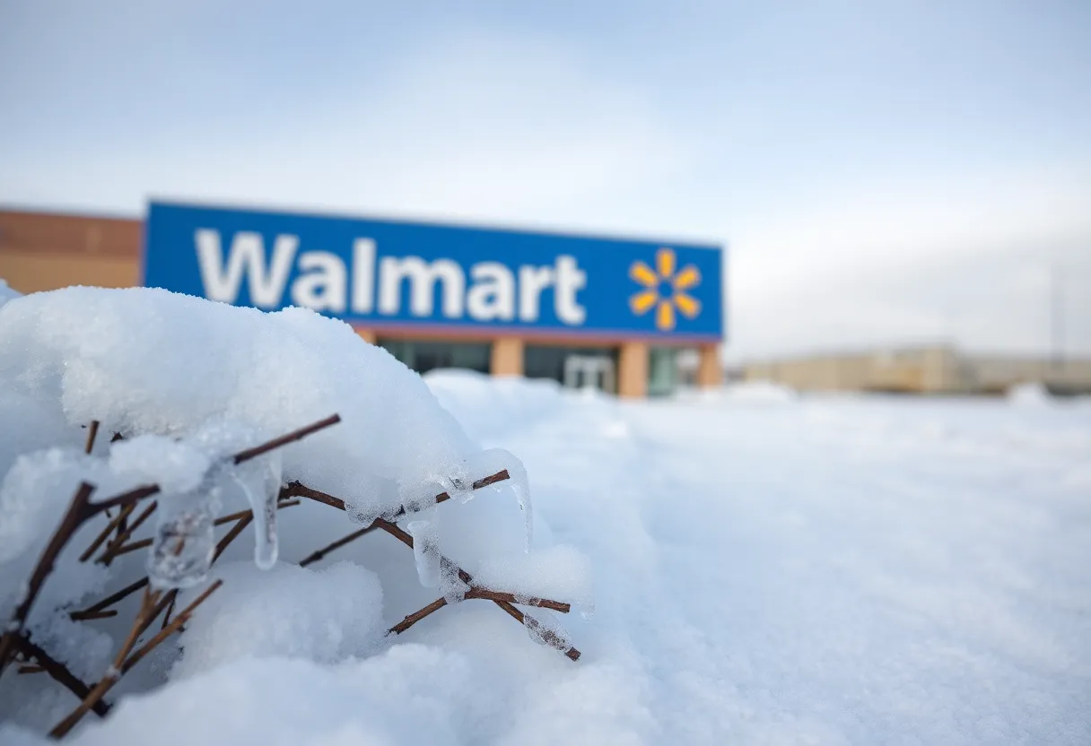 Walmart store surrounded by snow and ice during winter storm