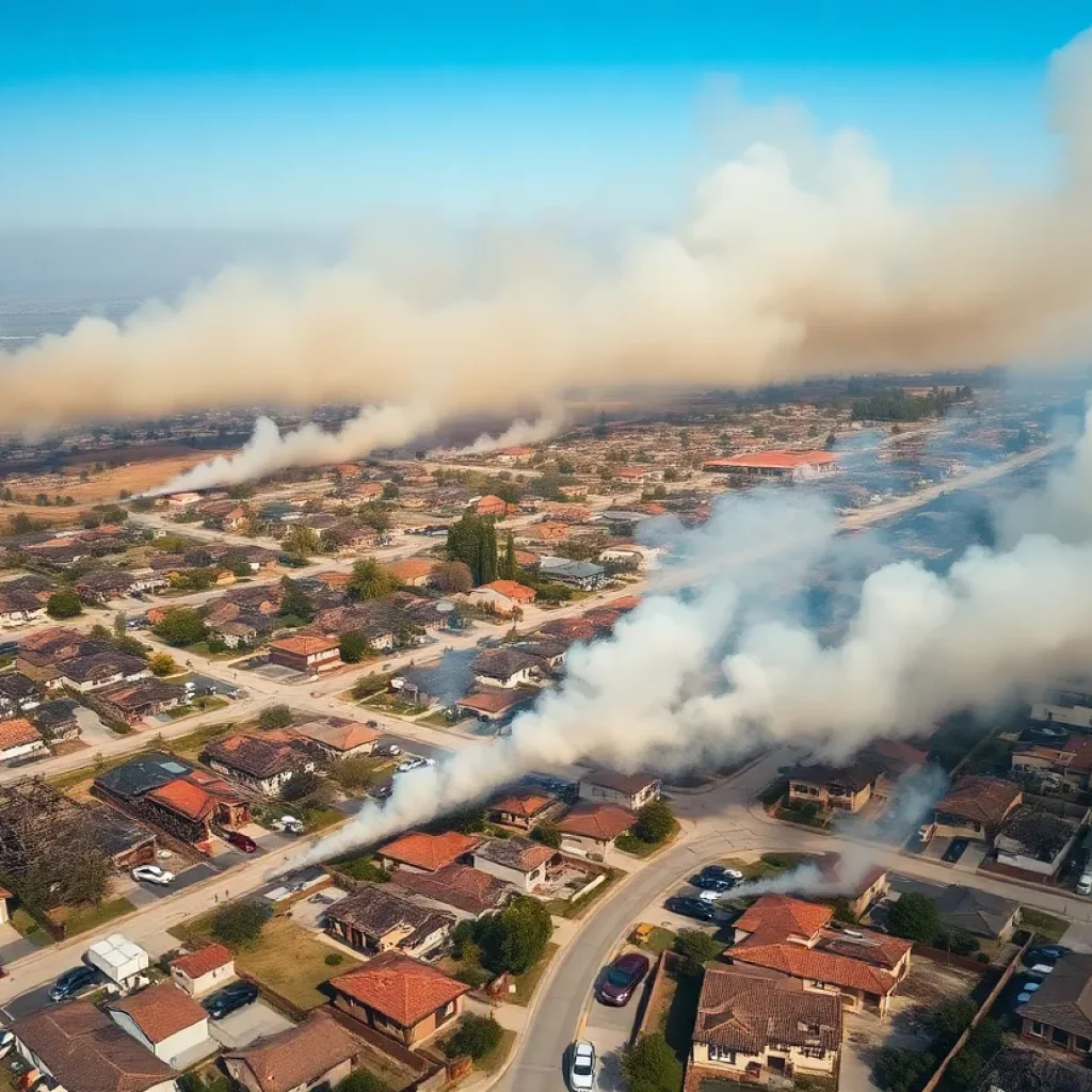 Aerial view of a burnt neighborhood in Los Angeles due to wildfires