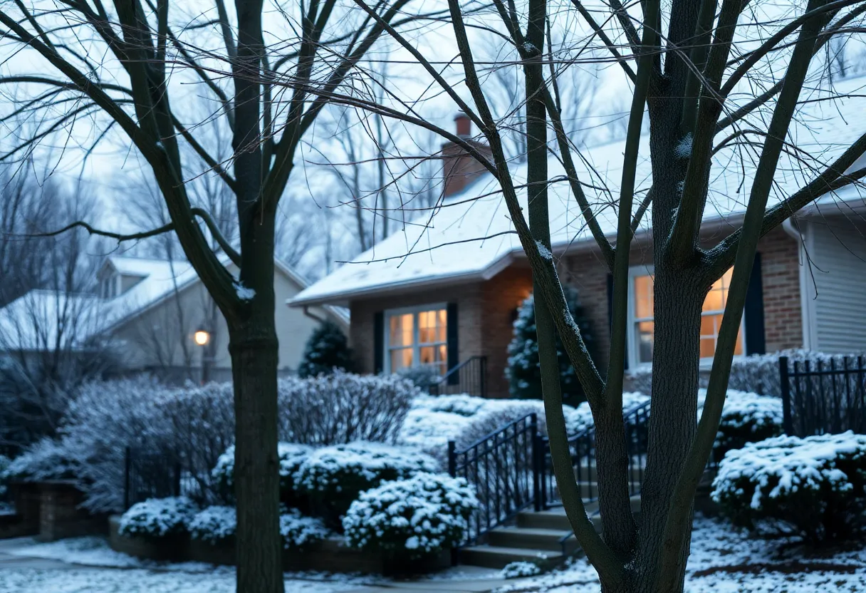 A winter scene depicting a neighborhood in Atlanta with bare trees and a hint of snow.