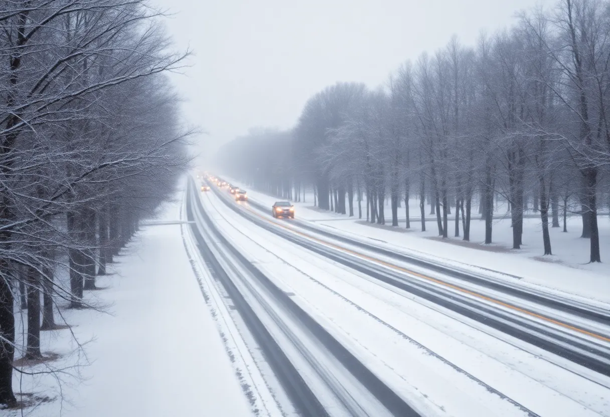 A picturesque snowy scene in Atlanta with light snow accumulation on trees and streets.