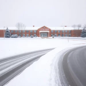 Snowy school building in Georgia during winter storm