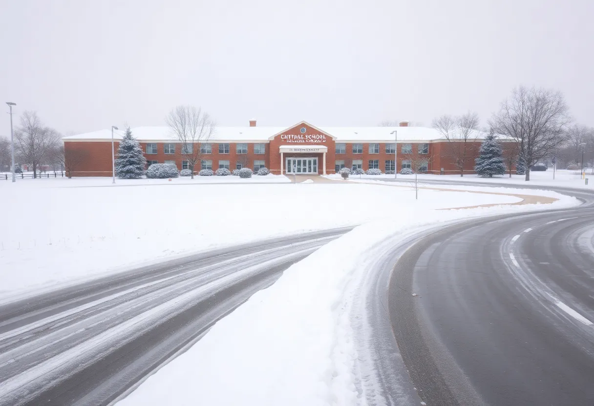 Snowy school building in Georgia during winter storm