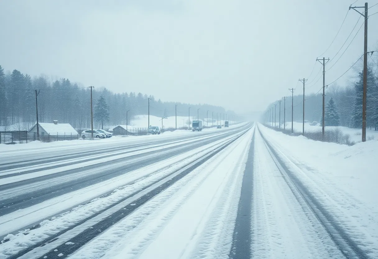 A wintery suburban street in Georgia with emergency vehicles preparing for a storm.