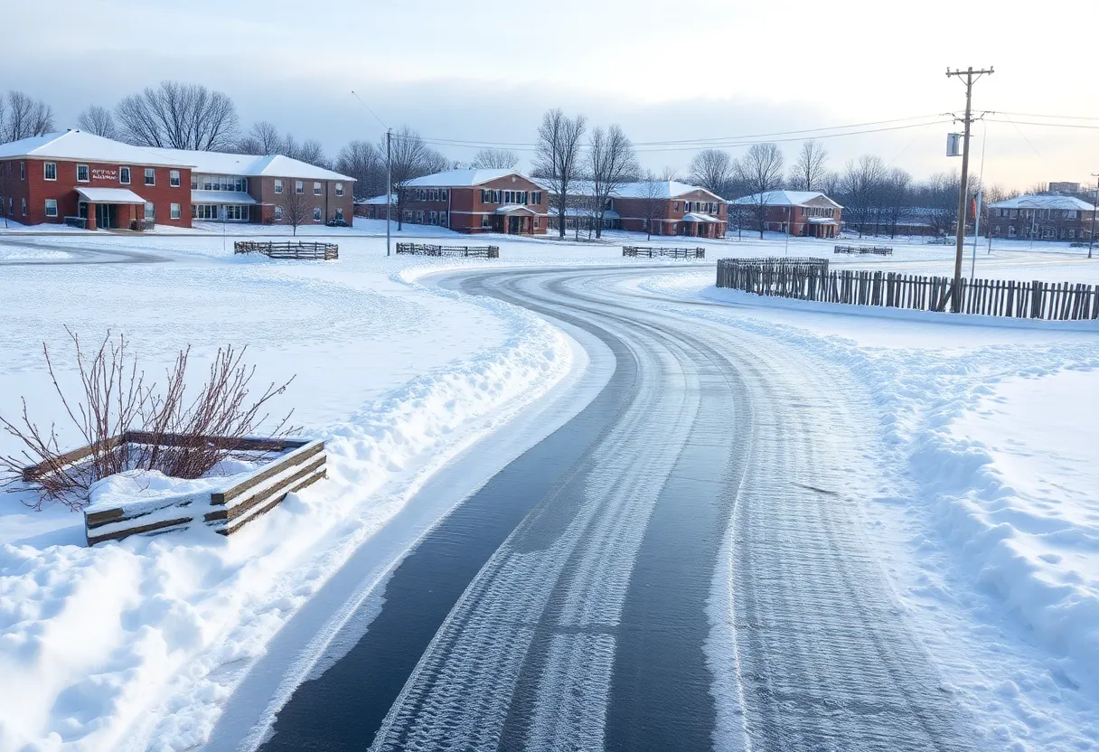 Snowy scene outside a school during a winter storm