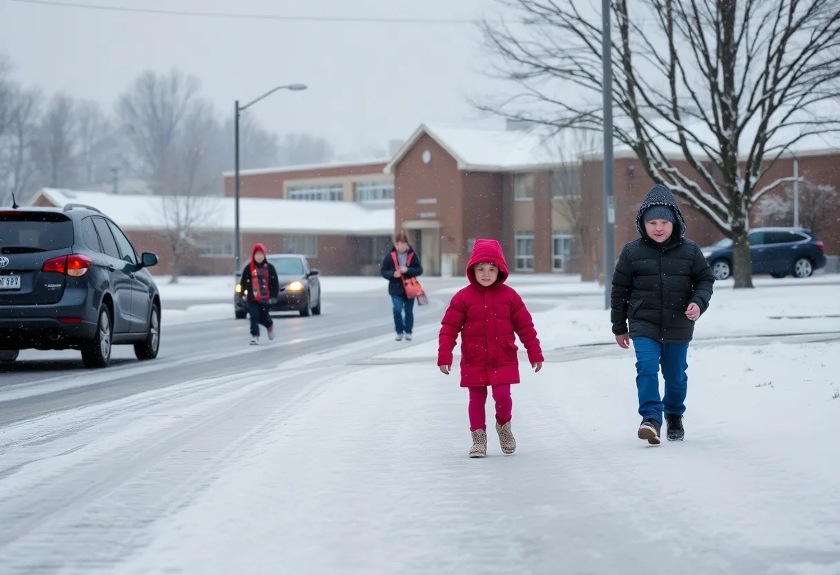 Winter storm affecting North Georgia schools with icy roads and snow-covered surroundings