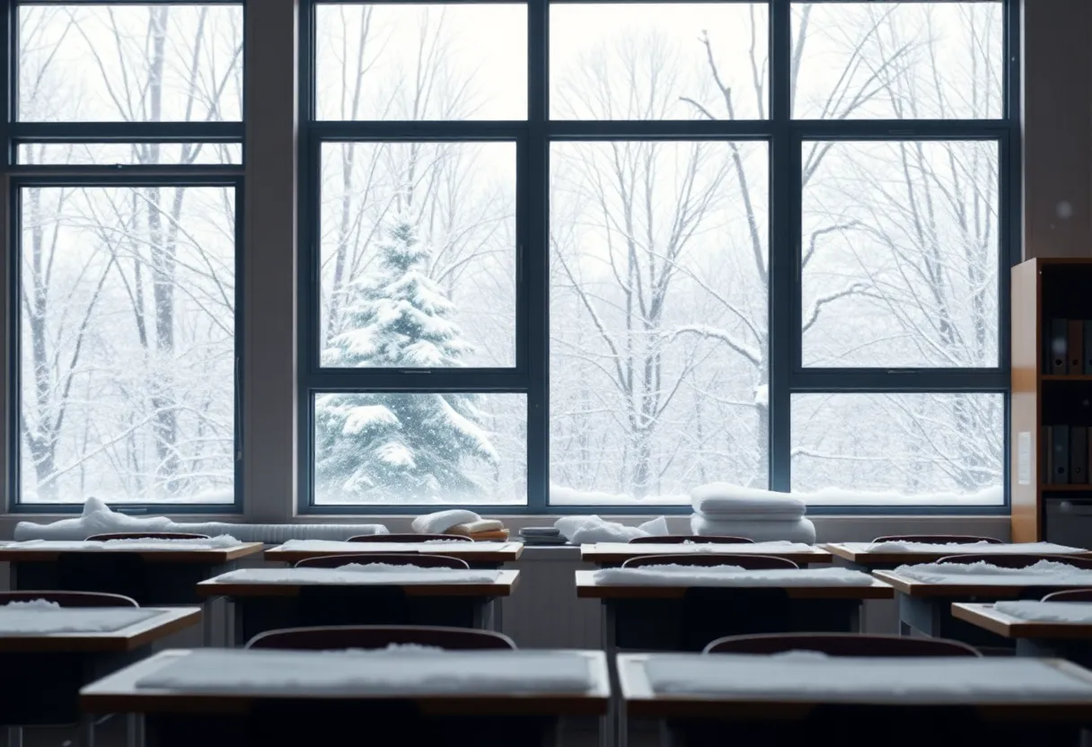 Classroom with winter scenery outside the window