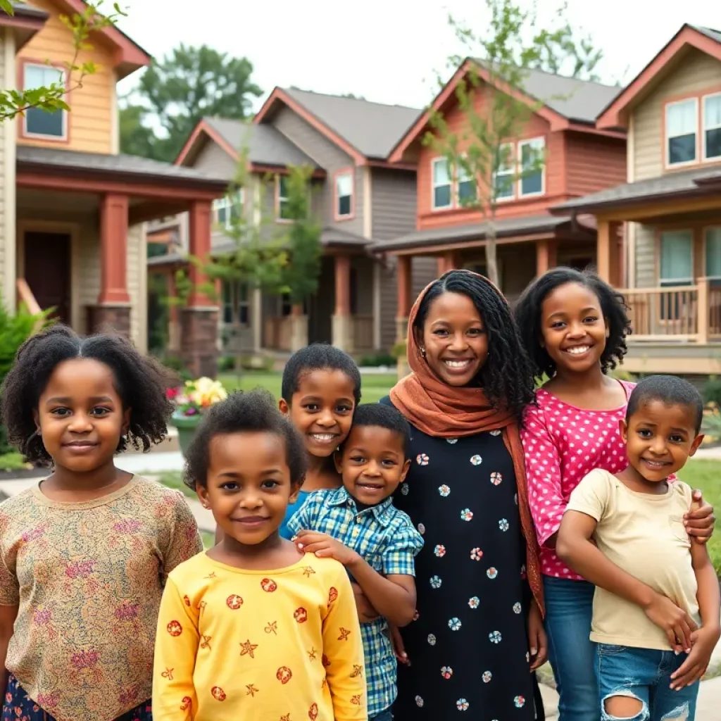 Families in front of affordable homes in Atlanta
